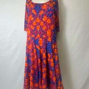 LULAROE NICOLE  Red Orange Blue Geometric Fit Flare Dress Size 2XL NWT